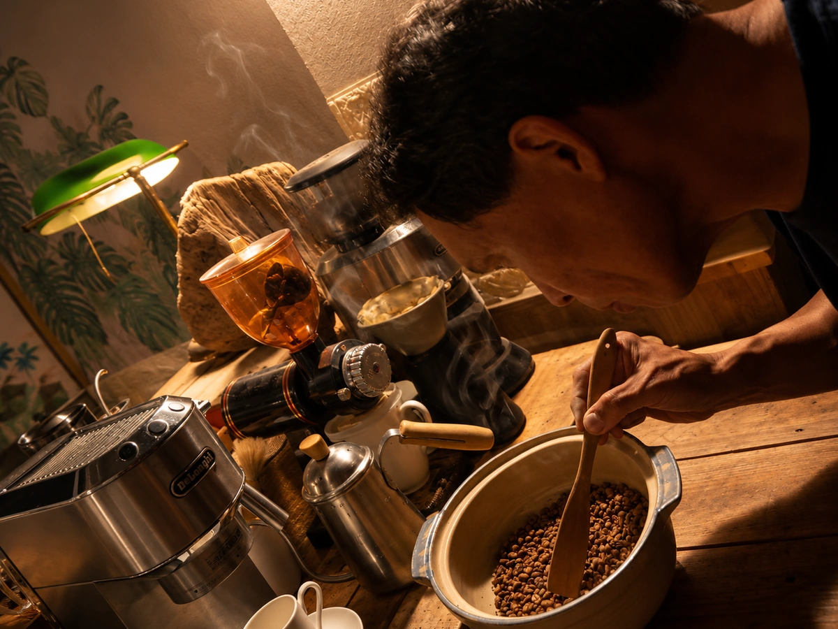 烘豆師俯身靠近陶鍋,感受豆子在火上轉色時的香氣變化